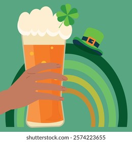  St. Patrick's Day illustration.Leprechaun. beer.Hand with phone