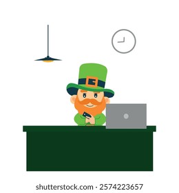  St. Patrick's Day illustration.Leprechaun. beer.Hand with phone