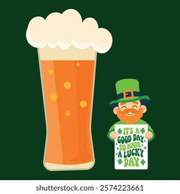  St. Patrick's Day illustration.Leprechaun. beer.Hand with phone