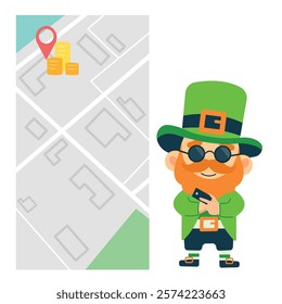  St. Patrick's Day illustration.Leprechaun. beer.Hand with phone