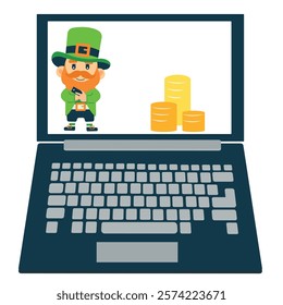  St. Patrick's Day illustration.Leprechaun. beer.Hand with phone