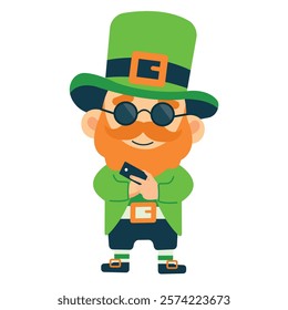  St. Patrick's Day illustration.Leprechaun. beer.Hand with phone