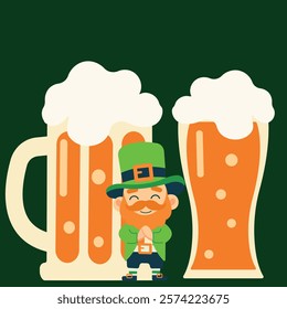  St. Patrick's Day illustration.Leprechaun. beer.Hand with phone