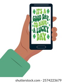  St. Patrick's Day illustration.Leprechaun. beer.Hand with phone