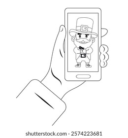  St. Patrick's Day illustration.Leprechaun. beer.Hand with phone