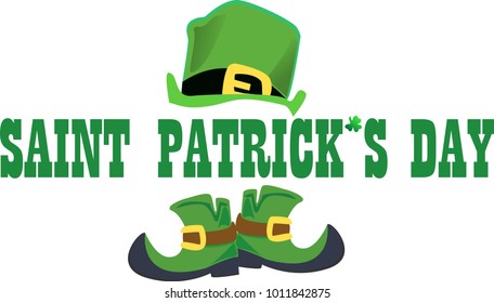 St. Patrick's Day inscription between a hat and boots of a leprechaun