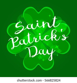 St. Patrick's Day an inscription a vector on a green background.Bokeh blurred green lights backdrop.Vintage Vector design greetings card or poster.Festive congratulatory banner. Irish national holiday
