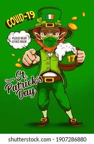 St. patrick's day invitation card. Image of The Leprechaun telling everyone to please wear a face mask in during COVID 19, character design, illustration celebration party poster on green background.