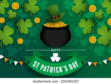 St. Patrick's Day invitation to a holiday, corporate holiday a leprechaun hat,shamrock, pot of gold coins,rainbow, background color. Vector illustration.