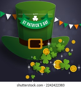 St. Patrick's Day invitation to a holiday, corporate holiday a leprechaun hat,shamrock, pot of gold coins,rainbow, background color. Vector illustration.