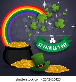 St. Patrick's Day invitation to a holiday, corporate holiday a leprechaun hat,shamrock, pot of gold coins,rainbow, background color. Vector illustration.