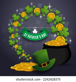 St. Patrick's Day invitation to a holiday, corporate holiday a leprechaun hat,shamrock, pot of gold coins,rainbow, background color. Vector illustration.