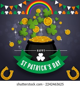 St. Patrick's Day invitation to a holiday, corporate holiday a leprechaun hat,shamrock, pot of gold coins,rainbow, background color. Vector illustration.