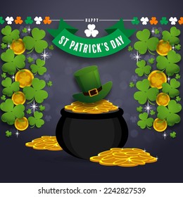 St. Patrick's Day invitation to a holiday, corporate holiday a leprechaun hat,shamrock, pot of gold coins,rainbow, background color. Vector illustration.