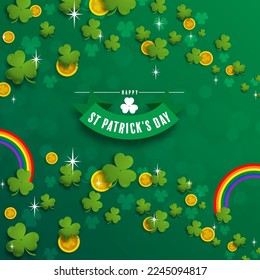 St. Patrick's Day invitation to a holiday, corporate holiday a leprechaun hat,shamrock, pot of gold coins,rainbow, background color. Vector illustration.