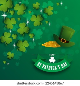 St. Patrick's Day invitation to a holiday, corporate holiday a leprechaun hat,shamrock, pot of gold coins,rainbow, background color. Vector illustration.
