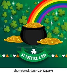 St. Patrick's Day invitation to a holiday, corporate holiday a leprechaun hat,shamrock, pot of gold coins,rainbow, background color. Vector illustration.