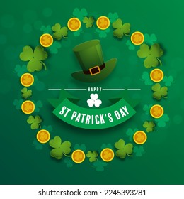St. Patrick's Day invitation to a holiday, corporate holiday a leprechaun hat,shamrock, pot of gold coins,rainbow, background color. Vector illustration.