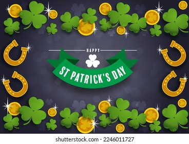 St. Patrick's Day invitation to a holiday, corporate holiday a leprechaun hat,shamrock, pot of gold coins,rainbow, background color. Vector illustration.