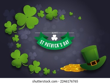 St. Patrick's Day invitation to a holiday, corporate holiday a leprechaun hat,shamrock, pot of gold coins,rainbow, background color. Vector illustration.