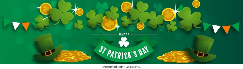 St. Patrick's Day invitation to a holiday, corporate holiday a leprechaun hat,shamrock, pot of gold coins,rainbow, background color. Vector illustration.