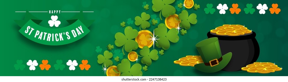 St. Patrick's Day invitation to a holiday, corporate holiday a leprechaun hat,shamrock, pot of gold coins,rainbow, background color. Vector illustration.