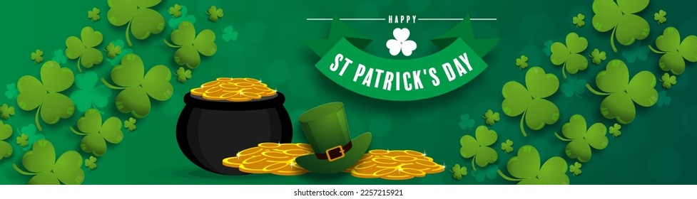 St. Patrick's Day invitation to a holiday, corporate holiday a leprechaun hat,shamrock, pot of gold coins,rainbow, background color. Vector illustration.