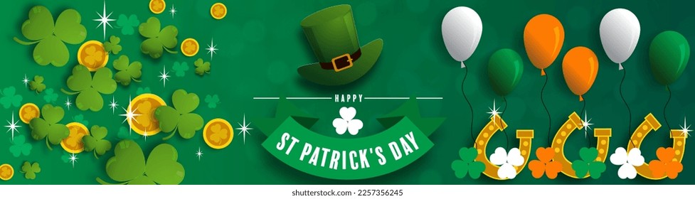 St. Patrick's Day invitation to a holiday, corporate holiday a leprechaun hat,shamrock, pot of gold coins,rainbow, background color. Vector illustration.