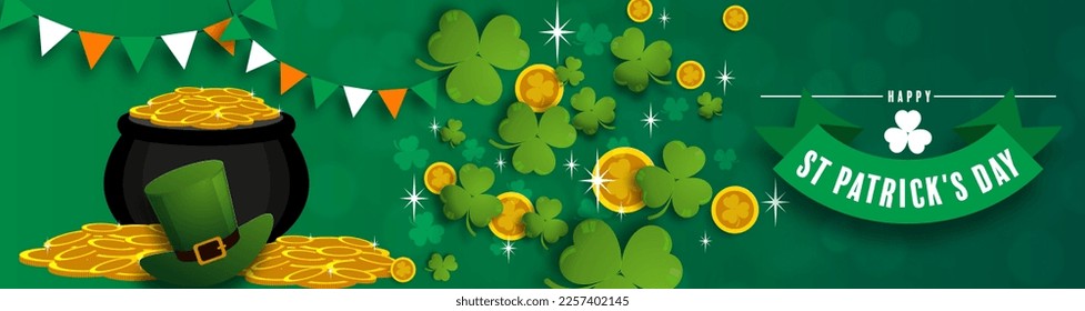 St. Patrick's Day invitation to a holiday, corporate holiday a leprechaun hat,shamrock, pot of gold coins,rainbow, background color. Vector illustration.