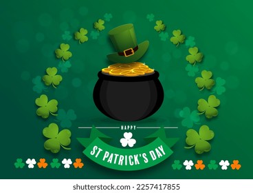 St. Patrick's Day invitation to a holiday, corporate holiday a leprechaun hat,shamrock, pot of gold coins,rainbow, background color. Vector illustration.