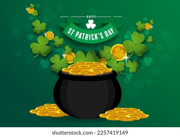 St. Patrick's Day invitation to a holiday, corporate holiday a leprechaun hat,shamrock, pot of gold coins,rainbow, background color. Vector illustration.