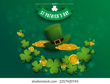 St. Patrick's Day invitation to a holiday, corporate holiday a leprechaun hat,shamrock, pot of gold coins,rainbow, background color. Vector illustration.