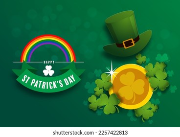 St. Patrick's Day invitation to a holiday, corporate holiday a leprechaun hat,shamrock, pot of gold coins,rainbow, background color. Vector illustration.