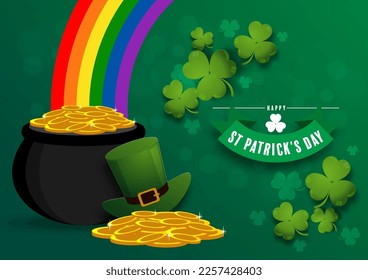 St. Patrick's Day invitation to a holiday, corporate holiday a leprechaun hat,shamrock, pot of gold coins,rainbow, background color. Vector illustration.