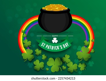 St. Patrick's Day invitation to a holiday, corporate holiday a leprechaun hat,shamrock, pot of gold coins,rainbow, background color. Vector illustration.