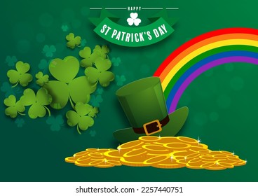 St. Patrick's Day invitation to a holiday, corporate holiday a leprechaun hat,shamrock, pot of gold coins,rainbow, background color. Vector illustration.