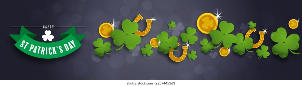 St. Patrick's Day invitation to a holiday, corporate holiday a leprechaun hat,shamrock, pot of gold coins,rainbow, background color. Vector illustration.