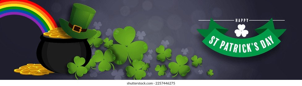 St. Patrick's Day invitation to a holiday, corporate holiday a leprechaun hat,shamrock, pot of gold coins,rainbow, background color. Vector illustration.