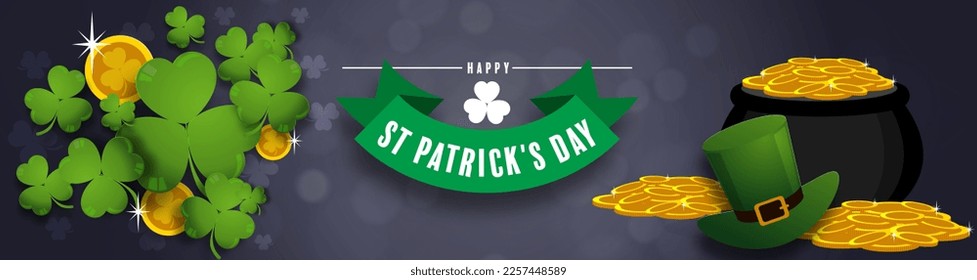 St. Patrick's Day invitation to a holiday, corporate holiday a leprechaun hat,shamrock, pot of gold coins,rainbow, background color. Vector illustration.