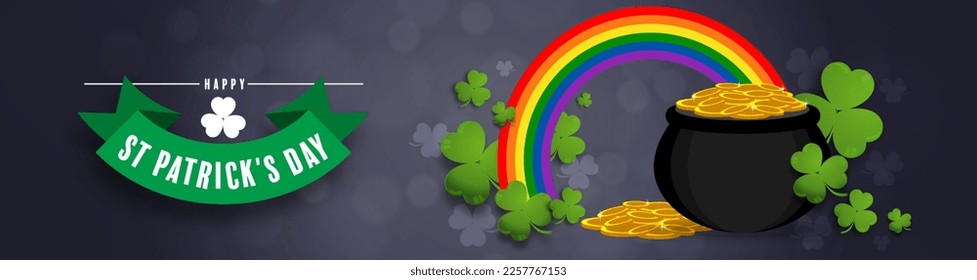 St. Patrick's Day invitation to a holiday, corporate holiday a leprechaun hat,shamrock, pot of gold coins,rainbow, background color. Vector illustration.