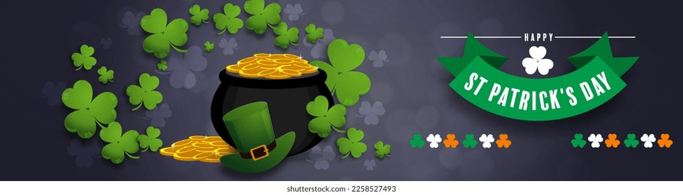 St. Patrick's Day invitation to a holiday, corporate holiday a leprechaun hat,shamrock, pot of gold coins,rainbow, background color. Vector illustration.