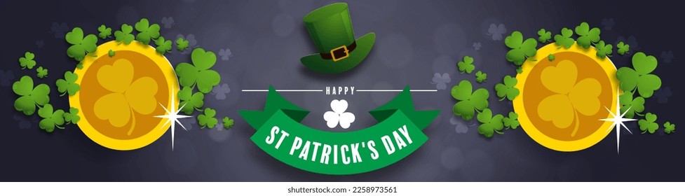 St. Patrick's Day invitation to a holiday, corporate holiday a leprechaun hat,shamrock, pot of gold coins,rainbow, background color. Vector illustration.