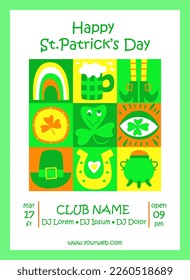 St Patrick's Day invitation or poster. Trippy style. Irish symbols of the holiday. 17 march. Great for card, banner, print, background, flyer, festive decor. Trendy y2k retro hippie print. Flat vector