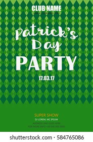 St. Patricks Day invitation template with lettering and green background.