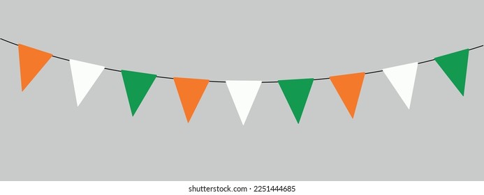 Día de Sta Patrones, Irlanda, conglomerados, verde, blanco y naranja, cadena de banderas triangulares, pendiente, decoración de fiesta de estilo retro, ilustración vectorial