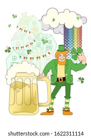 St. Patrick's Day in Ireland. Flat design of holiday symbols for Irish folk festivals. Leprechaun with beer on the background of the Irish town, houses, a rainbow and tricolor. Vector illustration
