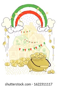 St. Patrick's Day in Ireland. Flat design of holiday symbols for Irish folk festivities. A pot of gold lepricons, houses, a rainbow with tricolor. Vector illustration.