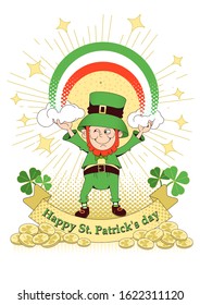 St. Patrick's Day in Ireland. Flat design of holiday symbols for Irish folk festivals. Leprechaun with Irish tricolor on a white background, rainbow, coins, money, wealth and luck.