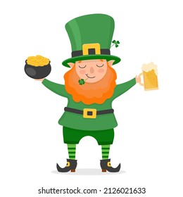 St. Patrick's Day Irish bearded gnome man with mug of beer and pot of gold. Cute Leprechaun.