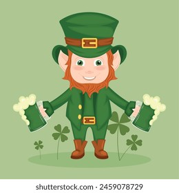 St Patricks day Irish elf character cartoon Green beer Vector illustration